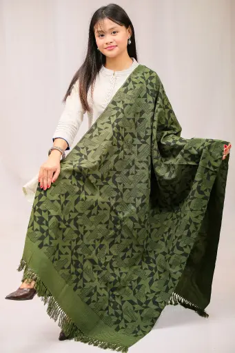 [1001] Dark Moss Green Geometric Screen Print Shawl