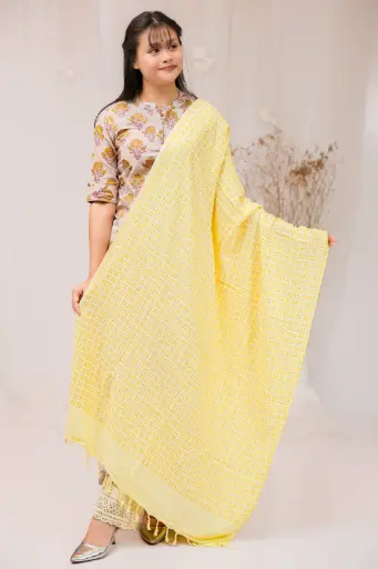 [1001] Cream Yellow Small Design Screen Print Shawl