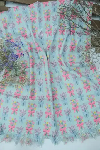 [1003] Sky Blue Flower Bouquet Digital Print Shawl