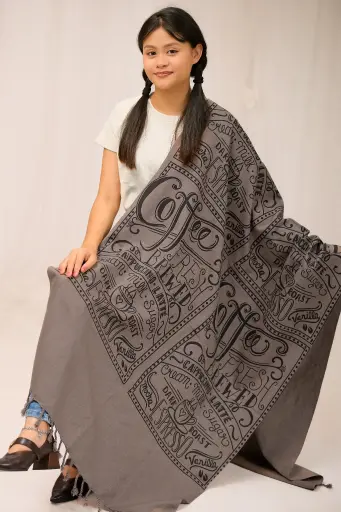 [1001] Ash Coffee Theme Screen Print Viscose Shawl