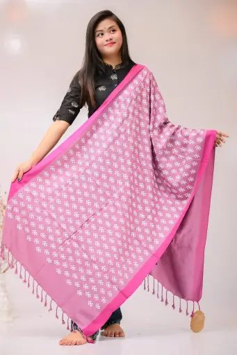 [1001] Pink White Floral Design Screen Print Viscose Shawl