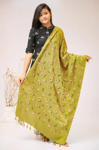 [1001] Olive Green Pink Floral Design Screen Print Viscose Shawl