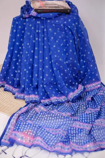 [0102] Royal Blue Body Small White Floral Design Sequin Screen Print Half Silk Sharee