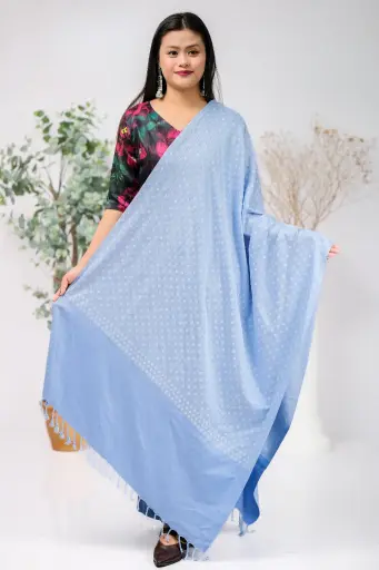 [1001] Sky Blue White Small Design Screen Print Shawl