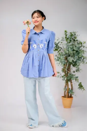 Denim Floral Embroidery Tops