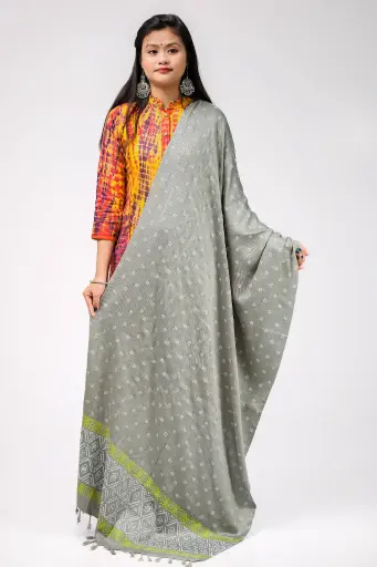 [1004] Grey White Yellow Design Block Print Shawl