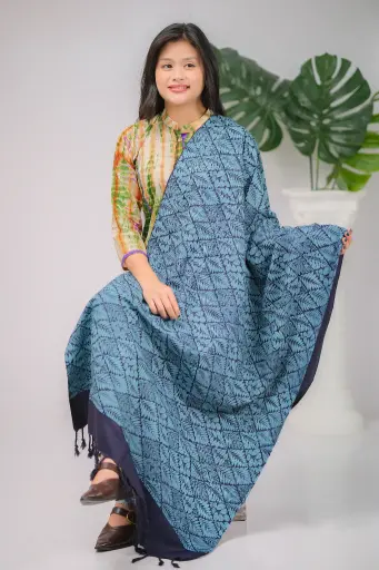 [1001] Deep Navy Blue Mint Green Floral Pattern Screen Print Shawl