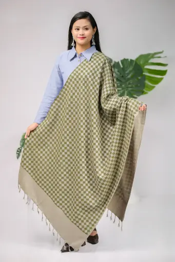 [1001] Ash & Olive Green Small Dimond Shaped Check Screen Print Shawl
