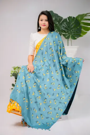 [1001] Teal Green Black and Yellow Floral Design Screen Print Shawl