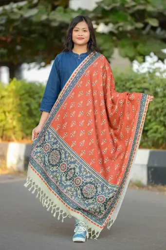 [1003] Burnt Orange & Navy Blue Floral Design Digital Print Viscose Shawl