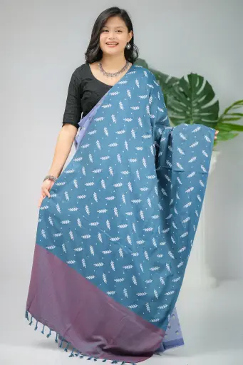 [1001] Deep Teal White Leaf Design Screen Print Shawl