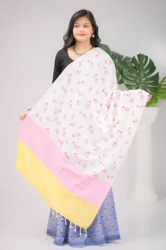 [1001] White Pink Yellow Body Pink Flower Screen Print Shawl