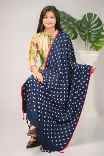 [1001] Dark Navy Blue Red Border Small Wihte Design Screen Print Shawl