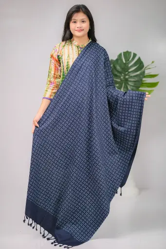 [1001] Deep Navy Blue Small Blue Floral Design Screen Print Shawl