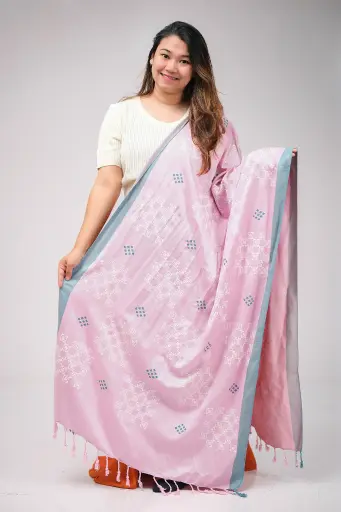 [1001] Baby Pink  Sea Green Border Wihte Design Screen Print Shawl