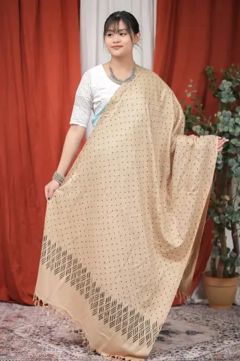 [1001] Light Beige Black Dots Design Screen Print Viscose Shawl