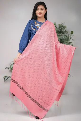 [1001] Light Pink Small Black Dots Design Screen Print Viscose Shawl
