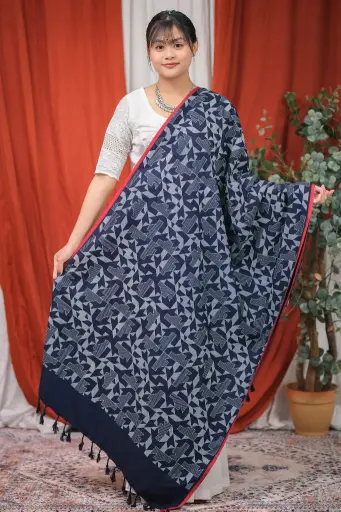 [1001] Deep Navy Blue Red Border Ash Grey Design Screen Print Viscose Shawl