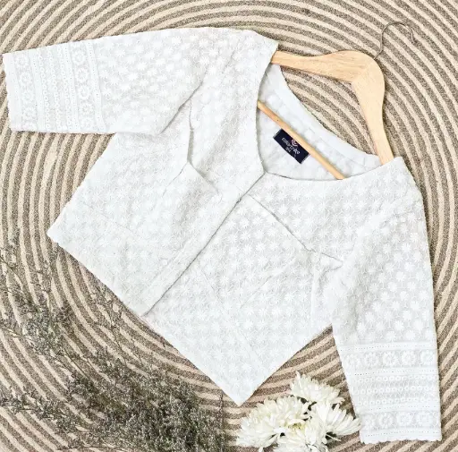 White Small Flower Sequin Chikankari Blouse