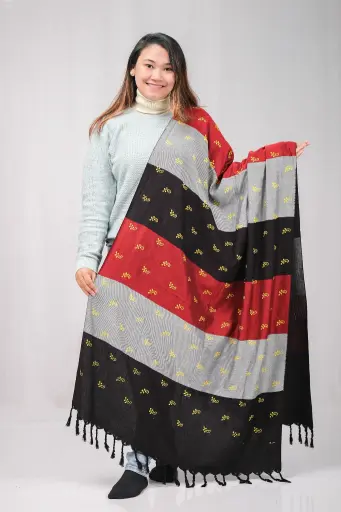 [1001] Black Ash Maroon Yellow Design Screen Print Viscose Shawl