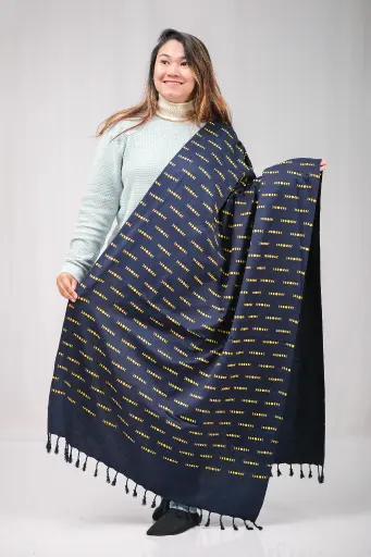 [1001] Navy Blue Body Yellow Design Screen Print Viscose Shawl