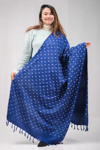 [1001] Royal Blue White Floral Design Screen Print Viscose Shawl