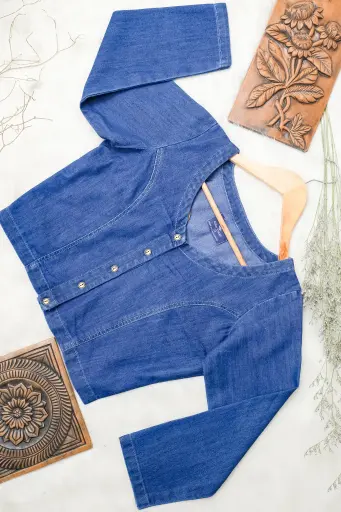Blue V Neck Front Button Denim Blouse