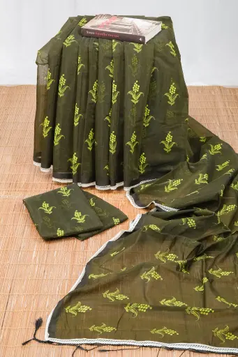 [0102] Deep Moss Green Olive Floral Design Half Silk Screen Print Sharee