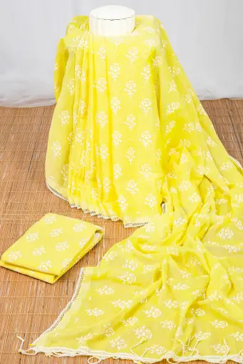 [1003] Warm Yellow Body White Floral Design Screen Print Cotton Sharee