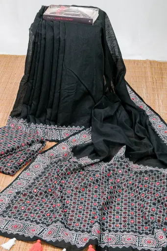 [0134] Black Body White Print Dollar Hand Work Half Silk Sharee