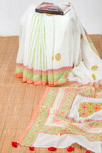 [0134] Off White Body Olive Red Print Hand Work Half Silk Sharee