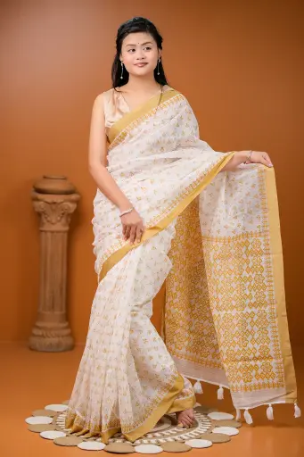 [0103] White Body Golden Paar Golden Floral Design Screen Print Cotton Sharee