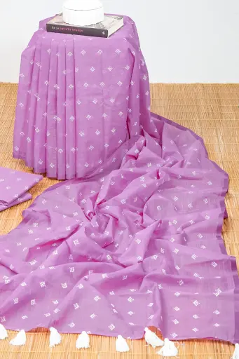 [0103] Soft Purple Body White Small Design Screen Print Cotton Sharee