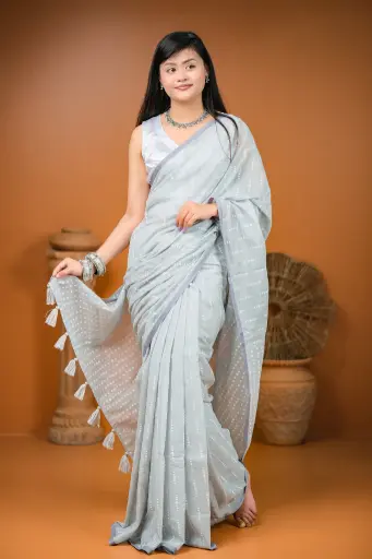 [0103] Light Gray Body Whide Dots Design Screen Print Cotton Sharee