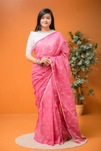 [0103] Vibrant Pink White Small Design Screen Print Cotton Sharee