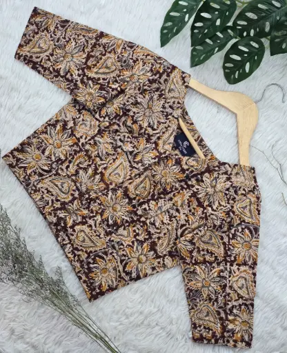 Dark Maroon Biscuit Floral Kalamkari Blouse