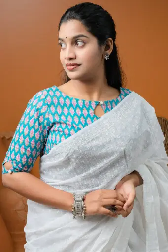 Teal Green PInk Small Flower Round Neck Cotton Screen Print Blouse