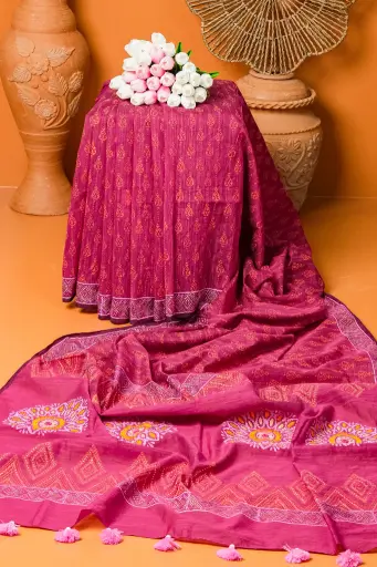 [0134] Vibrant Magenta Body Pink Mustard Print Dollar Hand Work Half Silk Sharee
