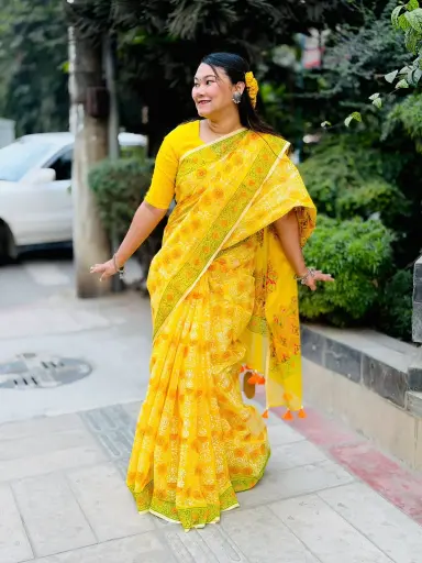 [0134] Vibrant Yellow Body Orange Green Print Design Dollar Hand Work Half Silk Sharee