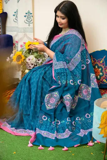 [0134] Deep Teal Blue Body Pink Yellow Design Dollar Hand Work Half Silk Sharee