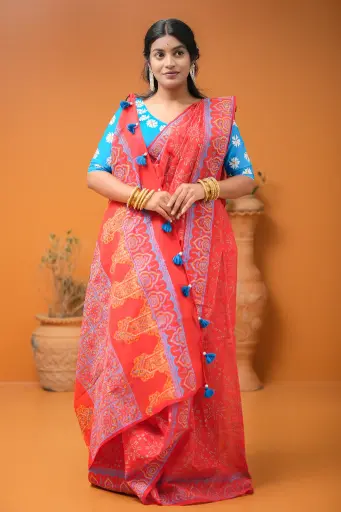 [0134] Vibrant Red Body Orange Blue Print Dollar Hand Work Half Silk Sharee