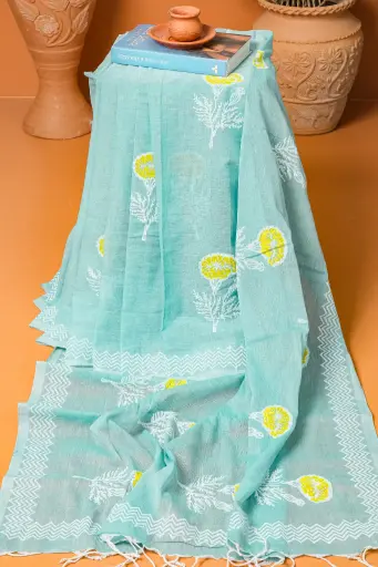 [013] Paste Body White & Yellow Marigold Flower Cotton Block Print Sharee