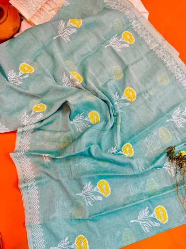 [013] Paste Body White & Yellow Marigold Flower Cotton Block Print Sharee