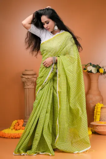 [0102] Olive Body White Small Design Half Silk Screen Print Sharee