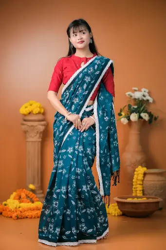 [0103] Teal Blue Floral Screen Print Cotton Sharee