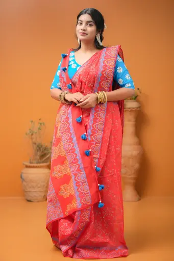 [0134] Magenta Body Pink Yellow Purple Flower Print Dollar Hand Work Half Silk Sharee