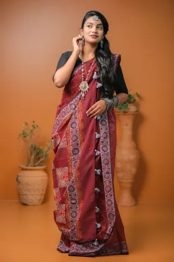 [0134] Maroon Body Black Orange Flower Print Dollar Hand Work Half Silk Sharee