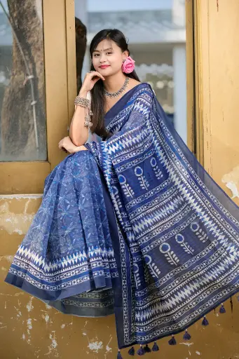 [0108] Deep Indigo Digital Print Mix Cotton Sharee