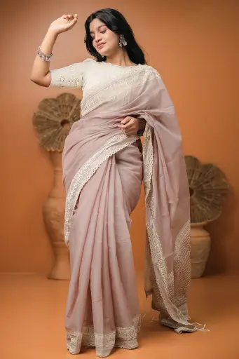 [0133] Dusty Mauve Body Off White Gigzag Block Print Sharee