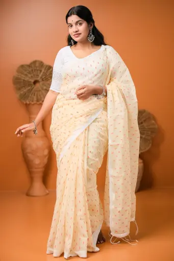 [0102] Cream Off White Body Orange Small Flower Half Silk Screen Print Sharee